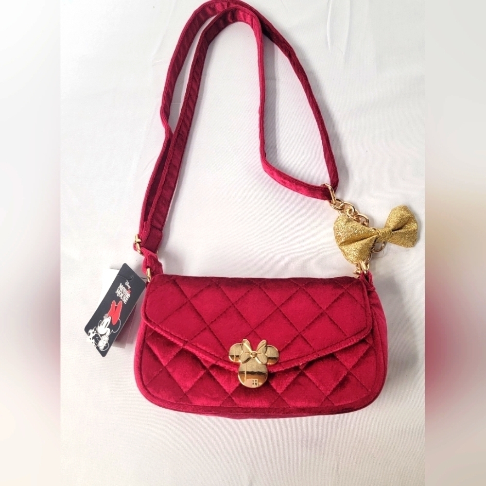 Bioworld Disney Minnie Mouse Burgandy Quilted Crossbody Bag with Gold Bow